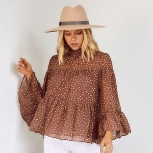 Luna Polka Dot Tiered Blouse Top by FAB’RIK Mocha White Medium
